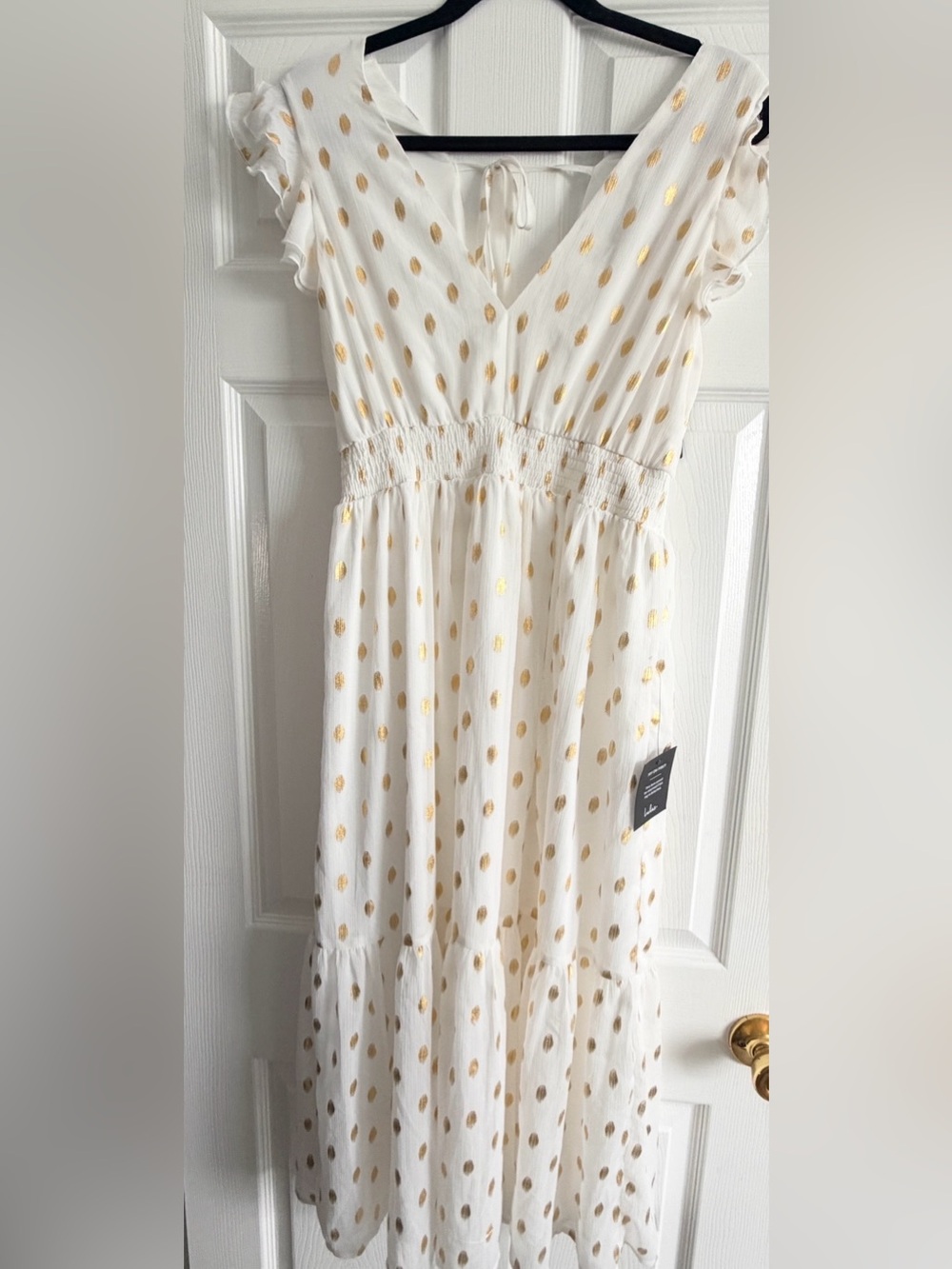 White Maxi Dress with Gold Polka Dots Lulus